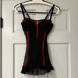 Native Intimates Babydoll Teddy 36B Medium Black Red Lace Sheer Rhinestones